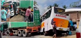 Rem Truk tronton Tidak Normal, Kemudian Mundur Menghantam Bus Bagong di Belakangnya Jalur Malang-Blitar
