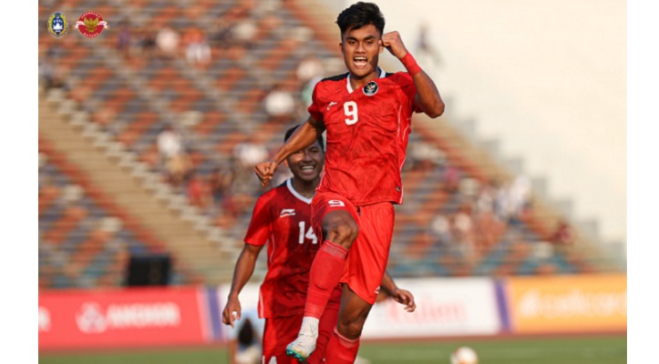 Ramadhan Sananta membuat brace, mecetak dua gol ke gawang Myanmar, pada laga sepak bola SEA Games Ka