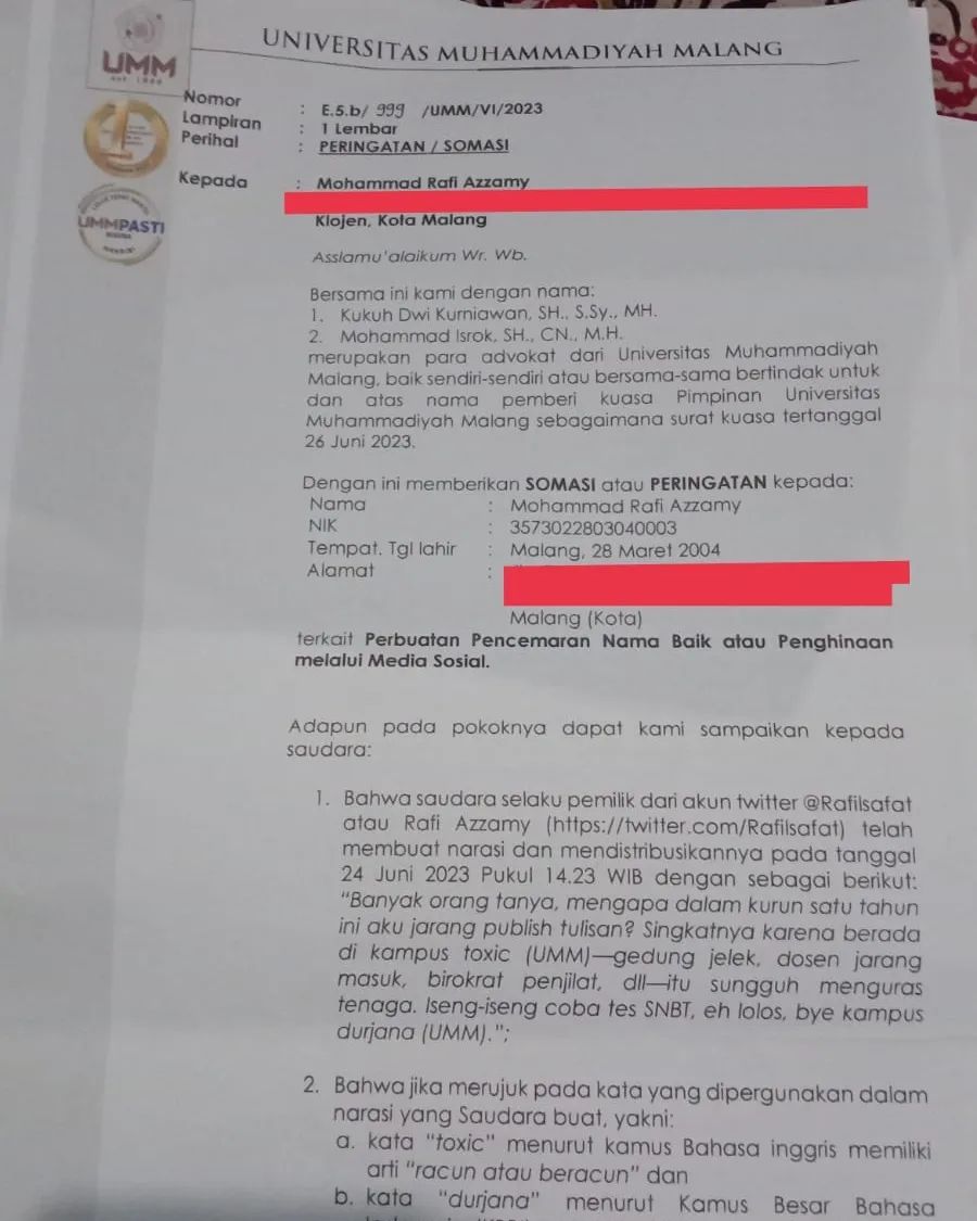 somasi dua pengacara dari Universitas Muhammadiyah Malang (UMM) ke pemilik akun rafilsafat.