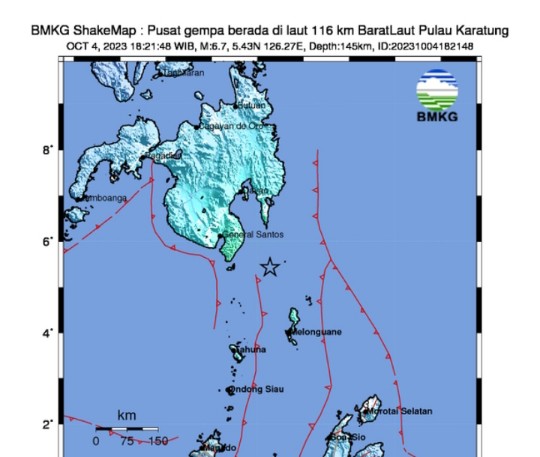 Gempa Magnitudo (M) 6,7 Terjadi di Pulau Karatung Sulawesi Utara 