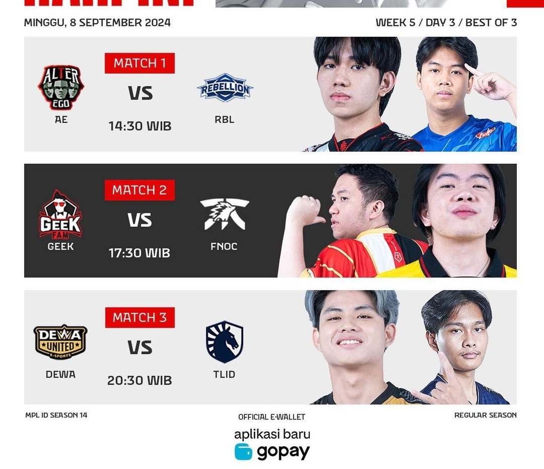 Jadwal Week 5 Babak Regular Season MPL ID S14, Hari ini : Ada Geek Fam vs Fnatic Onic hingga Dewa United Esports vs Team Liquid ID